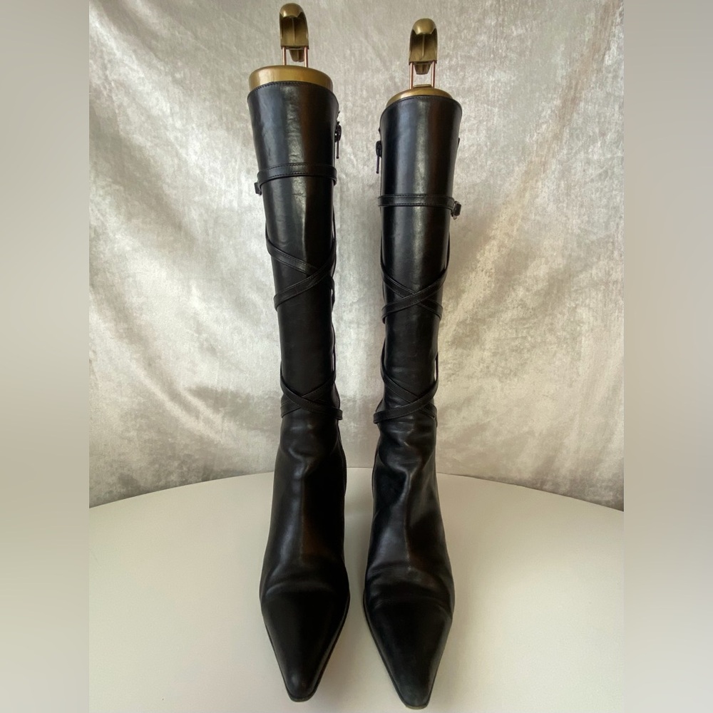 Kenneth Cole Black Leather Over-the-Knee Pointed-Toe Heeled Boots - Picture 5 of 9